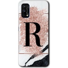 Realme 7 Pro Kılıf Hd Desen Baskılı Arka Kapak - Pembe Mermer Desenli R Harfi