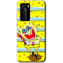 Huawei P40 Pro Kılıf Hd Desen Baskılı Arka Kapak + Kırılmaz Cam - Aşık Sünger Bob