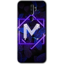 Oppo A5 2020 Kılıf Hd Desen Baskılı Arka Kapak + Kırılmaz Cam - Dark Neon Yaprak M Harfi
