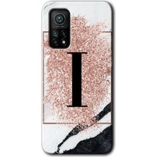 Xiaomi Mi 10T Pro Kılıf Hd Desen Baskılı Arka Kapak + Esnek Nano Cam - Pembe Mermer Desenli I Harfi