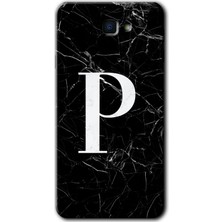 Gramaphone Galaxy J7 Prime 2 Kılıf Hd Desen Baskılı Arka Kapak + Kırılmaz Cam - Siyah Mermer Desenli P Harfi