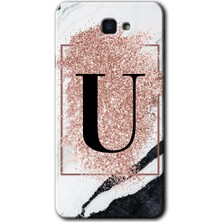 Gramaphone Galaxy J7 Prime 2 Kılıf Hd Desen Baskılı Arka Kapak + Kırılmaz Cam - Pembe Mermer Desenli U Harfi