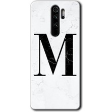 Gramaphone Redmi Note 8 Pro Kılıf Hd Desen Baskılı Arka Kapak + Kırılmaz Cam - Beyaz Mermer Desenli M Harfi
