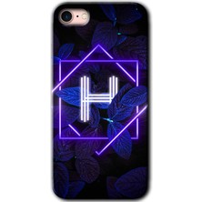 Gramaphone Apple iPhone 8 Kılıf Hd Desen Baskılı Arka Kapak + Kırılmaz Cam - Dark Neon Yaprak H Harfi
