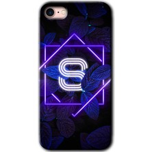Gramaphone Apple iPhone 8 Kılıf Hd Desen Baskılı Arka Kapak + Kırılmaz Cam - Dark Neon Yaprak S Harfi