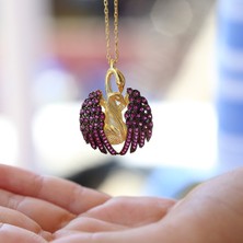 Kırmızı Taşlı Aşık Kuğu Gümüş Kolye