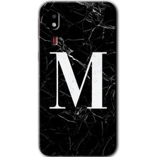 Gramaphone Galaxy A2 Core Kılıf Hd Desen Baskılı Arka Kapak + Esnek Nano Cam - Siyah Mermer Desenli M Harfi