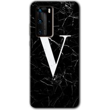 Gramaphone Huawei P40 Pro Kılıf Hd Desen Baskılı Arka Kapak + Kırılmaz Cam - Siyah Mermer Desenli V Harfi