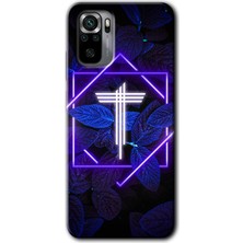 Redmi Note 10 Kılıf Hd Desen Baskılı Arka Kapak + Esnek Nano Cam - Dark Neon Yaprak T Harfi