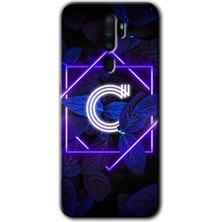 Gramaphone Oppo A5 2020 Kılıf Hd Desen Baskılı Arka Kapak + Esnek Nano Cam - Dark Neon Yaprak C Harfi