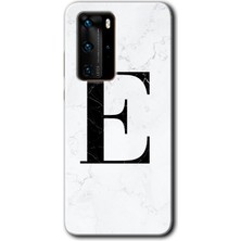 Huawei P40 Pro Kılıf Hd Desen Baskılı Arka Kapak + Kırılmaz Cam - Beyaz Mermer Desenli E Harfi