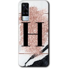 Vivo Y51A Kılıf Hd Desen Baskılı Arka Kapak + Kırılmaz Cam - Pembe Mermer Desenli H Harfi
