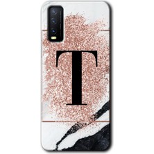 Vivo Y20 Kılıf Hd Desen Baskılı Arka Kapak + Kırılmaz Cam - Pembe Mermer Desenli T Harfi