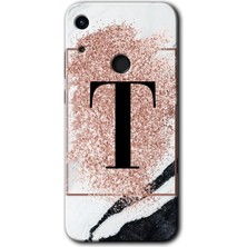 Gramaphone Honor 8A Kılıf Hd Desen Baskılı Arka Kapak + Kırılmaz Cam - Pembe Mermer Desenli T Harfi