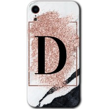 Gramaphone Apple iPhone Xr Kılıf Hd Desen Baskılı Arka Kapak + Kırılmaz Cam - Pembe Mermer Desenli D Harfi
