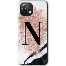 Gramaphone Xiaomi Mi 11 Kılıf Hd Desen Baskılı Arka Kapak + Esnek Nano Cam - Pembe Mermer Desenli N Harfi