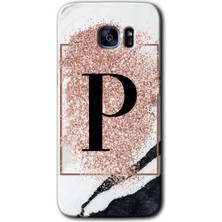 Gramaphone Galaxy S7 Edge Kılıf Hd Desen Baskılı Arka Kapak + Esnek Nano Cam - Pembe Mermer Desenli P Harfi