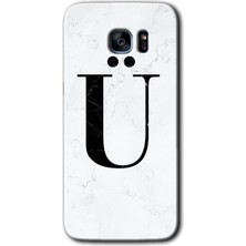 Gramaphone Galaxy S7 Edge Kılıf Hd Desen Baskılı Arka Kapak + Esnek Nano Cam - Beyaz Mermer Desenli Ü Harfi