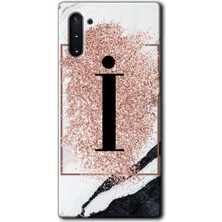 Gramaphone Galaxy Note 10 Kılıf Hd Desen Baskılı Arka Kapak + Kırılmaz Cam - Pembe Mermer Desenli I Harfi