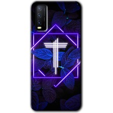 Gramaphone Vivo Y20 Kılıf Hd Desen Baskılı Arka Kapak + Kırılmaz Cam - Dark Neon Yaprak T Harfi