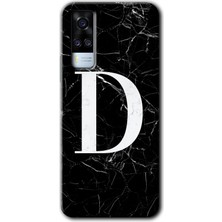 Gramaphone Vivo Y31 2021 Kılıf Hd Desen Baskılı Arka Kapak + Kırılmaz Cam - Siyah Mermer Desenli D Harfi