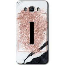 Galaxy J7 2016 Kılıf Hd Desen Baskılı Arka Kapak + Kırılmaz Cam - Pembe Mermer Desenli I Harfi
