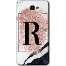 Galaxy J7 Prime Kılıf Hd Desen Baskılı Arka Kapak + Kırılmaz Cam - Pembe Mermer Desenli R Harfi