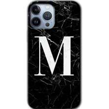 iPhone 13 Pro Kılıf Hd Desen Baskılı Arka Kapak + Kırılmaz Cam - Siyah Mermer Desenli M Harfi