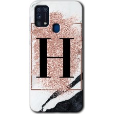 Galaxy M31 Kılıf Hd Desen Baskılı Arka Kapak + Kırılmaz Cam - Pembe Mermer Desenli H Harfi