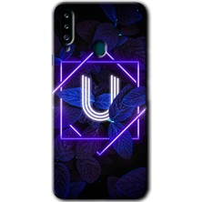 Gramaphone Galaxy A20S Kılıf Hd Desen Baskılı Arka Kapak + Esnek Nano Cam - Dark Neon Yaprak U Harfi