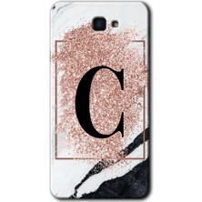 Galaxy J7 Prime 2 Kılıf Hd Desen Baskılı Arka Kapak + Kırılmaz Cam - Pembe Mermer Desenli C Harfi