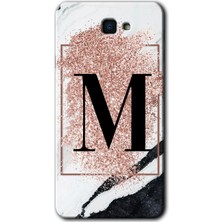 Galaxy J7 Prime 2 Kılıf Hd Desen Baskılı Arka Kapak + Kırılmaz Cam - Pembe Mermer Desenli M Harfi