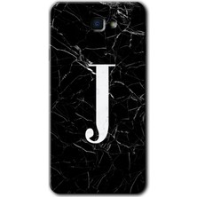 Gramaphone Galaxy J7 Prime 2 Kılıf Hd Desen Baskılı Arka Kapak + Kırılmaz Cam - Siyah Mermer Desenli J Harfi
