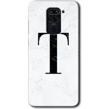 Redmi Note 9 Kılıf Hd Desen Baskılı Arka Kapak + Kırılmaz Cam - Beyaz Mermer Desenli T Harfi