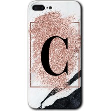iPhone 7 Plus Kılıf Hd Desen Baskılı Arka Kapak + Kırılmaz Cam - Pembe Mermer Desenli C Harfi
