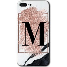 iPhone 7 Plus Kılıf Hd Desen Baskılı Arka Kapak + Kırılmaz Cam - Pembe Mermer Desenli M Harfi