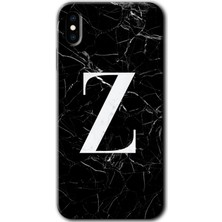 iPhone Xs Max Kılıf Hd Desen Baskılı Arka Kapak + Esnek Nano Cam - Siyah Mermer Desenli Z Harfi