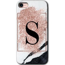 Gramaphone Apple iPhone 8 Kılıf Hd Desen Baskılı Arka Kapak + Esnek Nano Cam - Pembe Mermer Desenli S Harfi