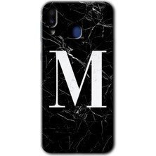 Galaxy M10 Kılıf Hd Desen Baskılı Arka Kapak + Kırılmaz Cam - Siyah Mermer Desenli M Harfi
