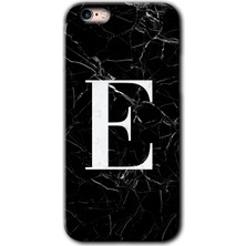 iPhone 6 Kılıf Hd Desen Baskılı Arka Kapak + Esnek Nano Cam - Siyah Mermer Desenli E Harfi