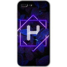 Gramaphone Apple iPhone 7 Plus Kılıf Hd Desen Baskılı Arka Kapak + Kırılmaz Cam - Dark Neon Yaprak H Harfi