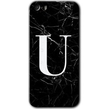 Gramaphone Apple iPhone 5s Kılıf Hd Desen Baskılı Arka Kapak + Esnek Nano Cam - Siyah Mermer Desenli U Harfi