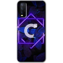 Gramaphone Vivo Y20 Kılıf Hd Desen Baskılı Arka Kapak - Dark Neon Yaprak C Harfi