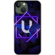 Gramaphone Apple iPhone 13 Mini Kılıf Hd Desen Baskılı Arka Kapak + Kırılmaz Cam - Dark Neon Yaprak U Harfi