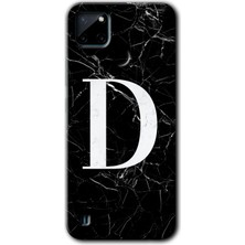 Gramaphone Realme C21 Kılıf Hd Desen Baskılı Arka Kapak + Esnek Nano Cam - Siyah Mermer Desenli D Harfi
