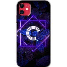 iPhone 11 Kılıf Hd Desen Baskılı Arka Kapak + Esnek Nano Cam - Dark Neon Yaprak O Harfi