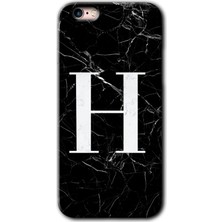 iPhone 6s Plus Kılıf Hd Desen Baskılı Arka Kapak + Esnek Nano Cam - Siyah Mermer Desenli H Harfi