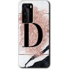 Huawei P40 Pro Kılıf Hd Desen Baskılı Arka Kapak + Kırılmaz Cam - Pembe Mermer Desenli D Harfi