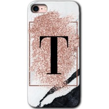 iPhone 7 Kılıf Hd Desen Baskılı Arka Kapak + Kırılmaz Cam - Pembe Mermer Desenli T Harfi