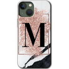 iPhone 13 Kılıf Hd Desen Baskılı Arka Kapak + Kırılmaz Cam - Pembe Mermer Desenli M Harfi